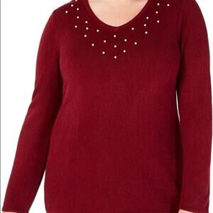 Karen Scott Red Knit Embellished pullover sweater-1X